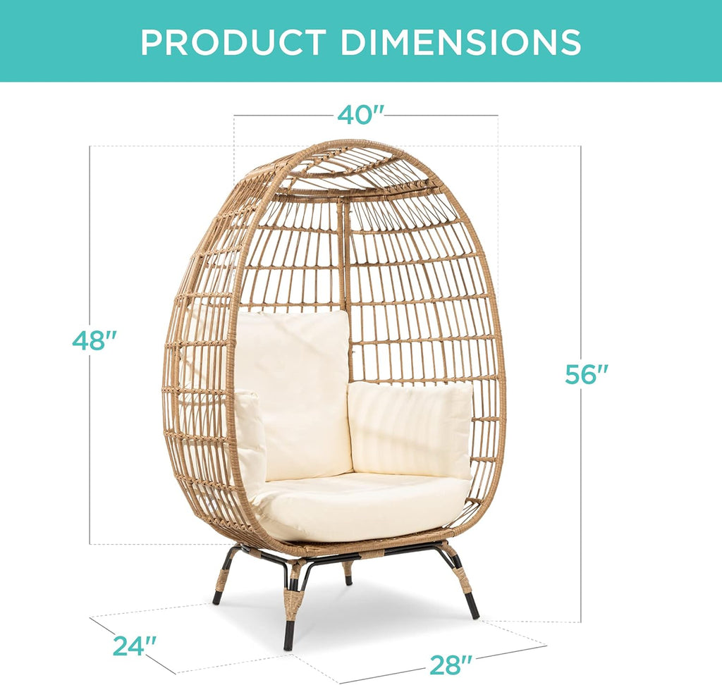 Wicker Egg Chair, Oversized Indoor Outdoor Lounger , Backyard, Living Room w/ 4 Cushions, Steel Frame, 440lb Capacity