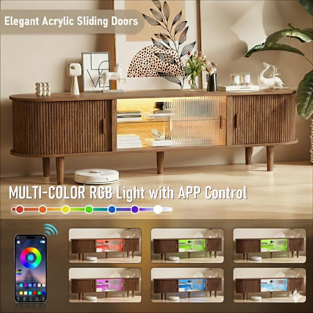 70" Fluted TV Stand with LED Lights for TVs up to 75 Inch, Mid Century Modern Entertainment Center with Sliding Doors