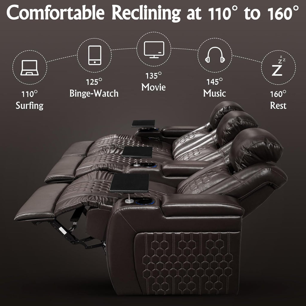Home Theater Seating,Top-Grain Leather Recliner Sofa, Zero Gravity Power Reclining Couch with Ambient LED Lights