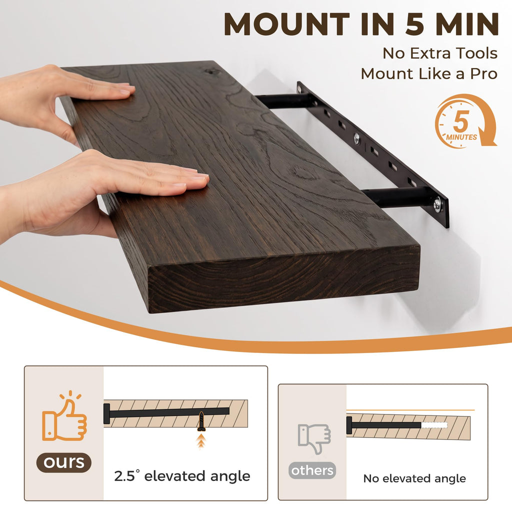 Elm Floating Shelves for Wall - 36 in Rustic Solid Wood Shelves with Heavy-Duty Invisible Bracket, Wall-Mounted
