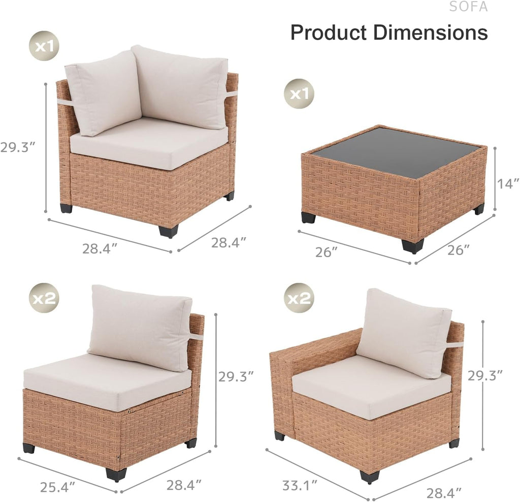 6-Piece Patio Wicker Sectional Furniture Set, Outdoor Modular Couch | L-Shaped Couch, 7.7" Wide Armrests, Thick