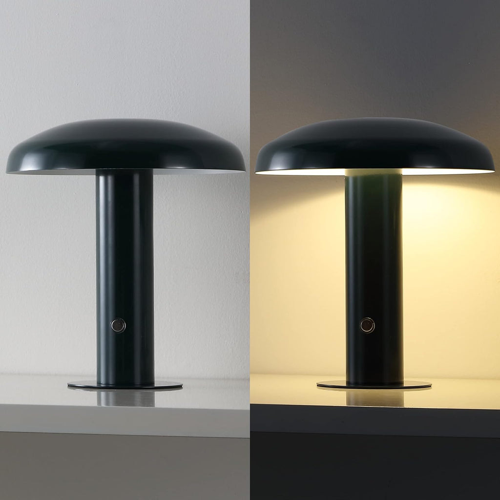 11" Forest Green Rechargeable LED Mushroom Table Lamp, Cordless Portable Dimmable Mid-Century Modern Accent Lamp