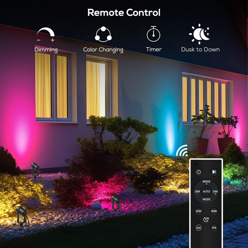 10 Pack Outdoor RGBW Landscape Lights, Color Changing Spot Uplights | Dusk to Dawn Sensor Controller with Remote