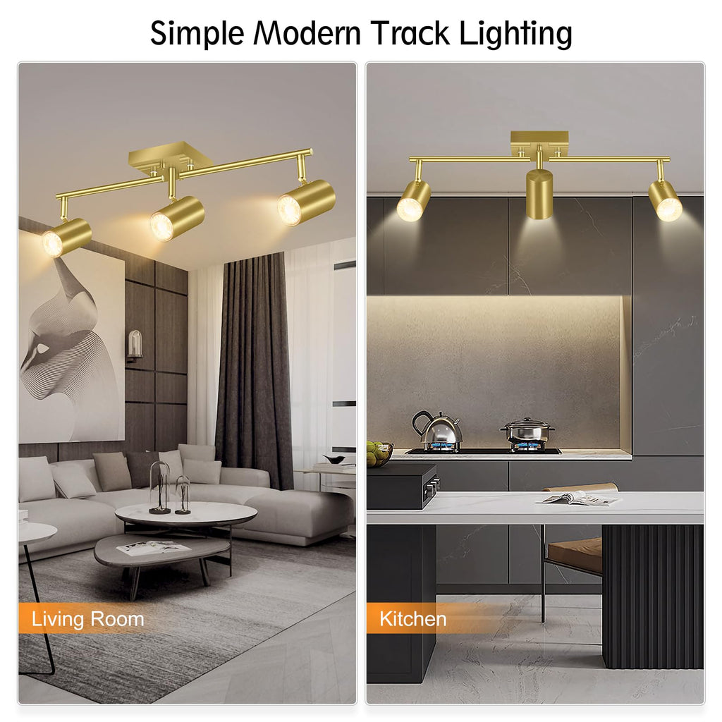 3 Light Track Lighting Fixtures Ceiling, Gold Kichen Track Lighting, Rotatable Light Heads, Adjustable Modern LED