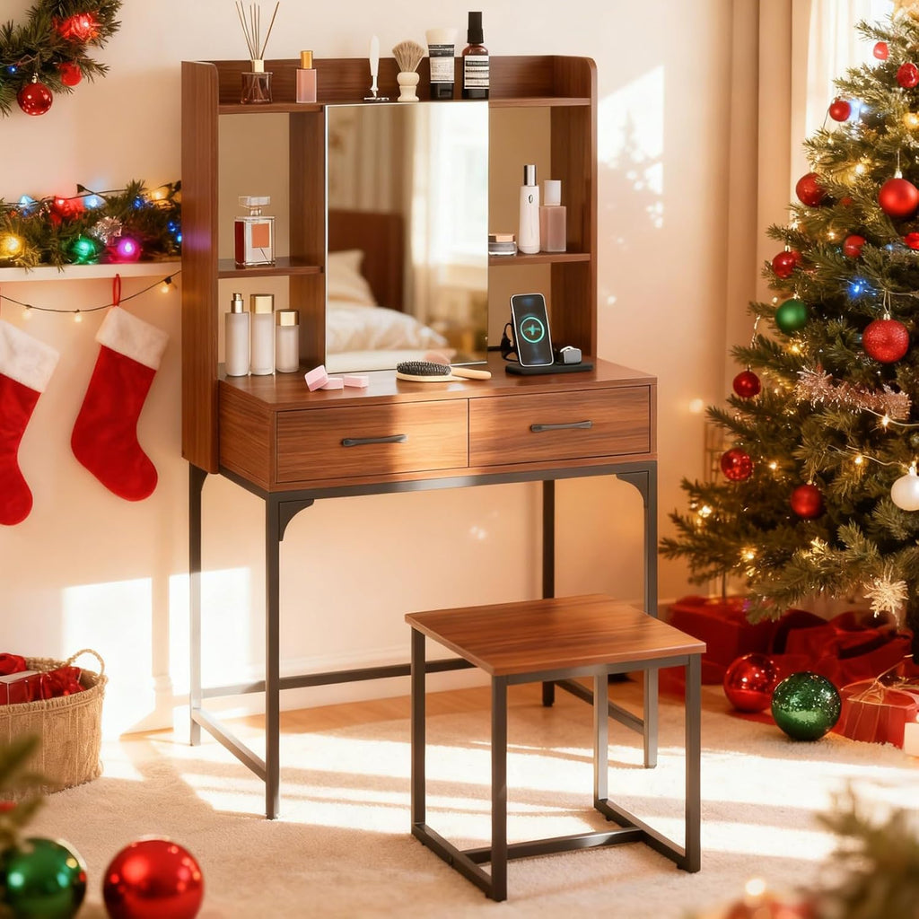 Vanity Desk with Mirror and Stool, Industrial Dressing Table with Power Outlet, 4 Shelves, 2 Storage Drawers, Bedroom