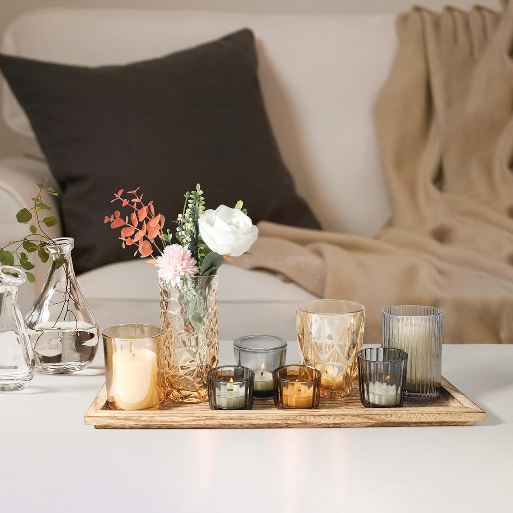 Rustic Wooden Tray with 8 Brown Glass Votive Candle Holders, Decorative Tea Light Holder Set for Mantel, Centerpiece