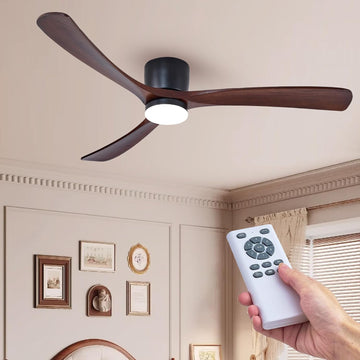 Modern 60 Inch Low Profile Flush Mount Ceiling Hugger Fan with LED Lights and Remote Control - 3 Wood Blades, Reversible DC Motor, 6 Speeds - Walnut and Matte Black