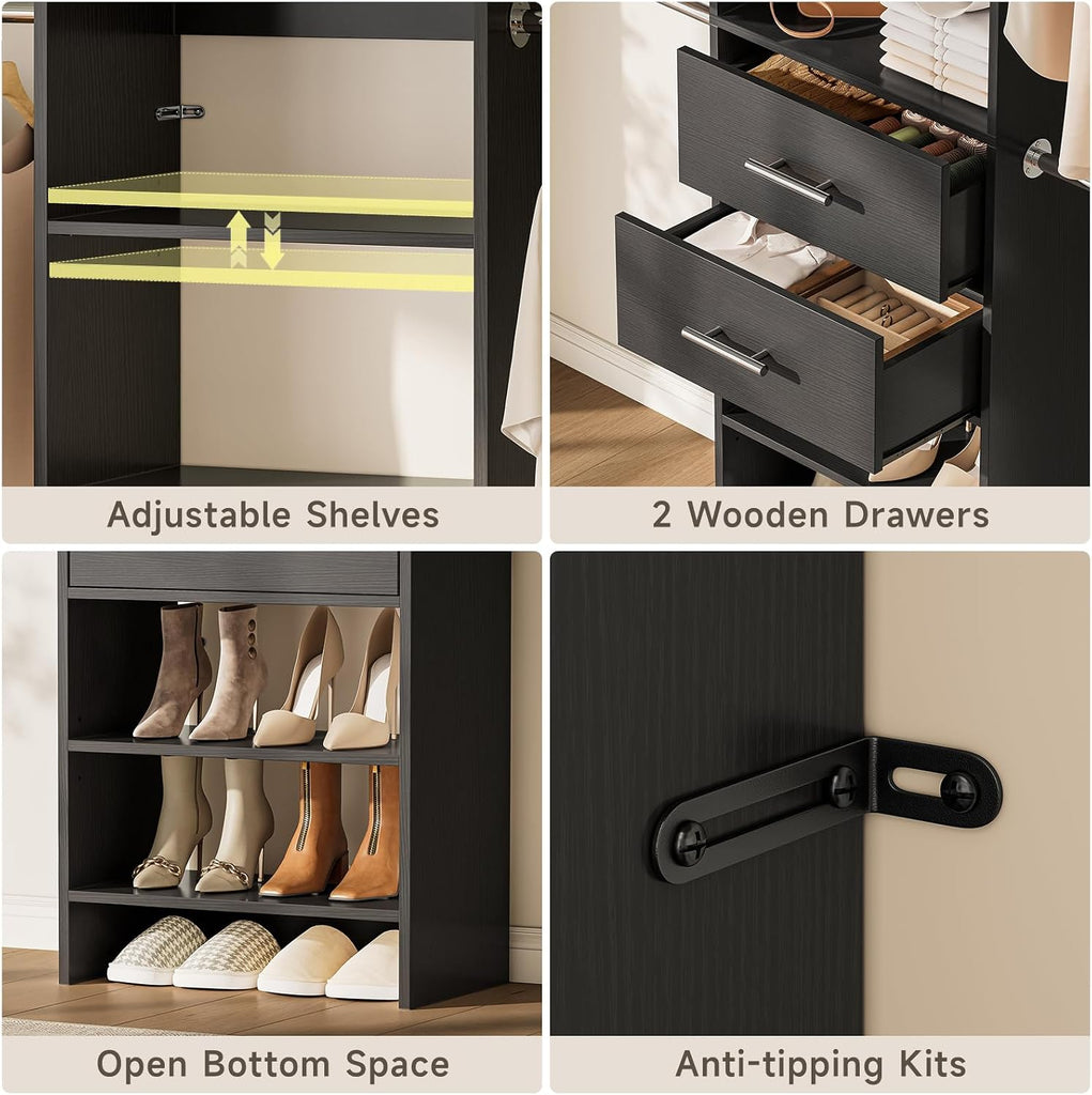W2 Closet System with 2 Drawers, 3.5FT-7.7FT Closet Organizer System with 4 Chrome-Plated Telescopic Rods & 5