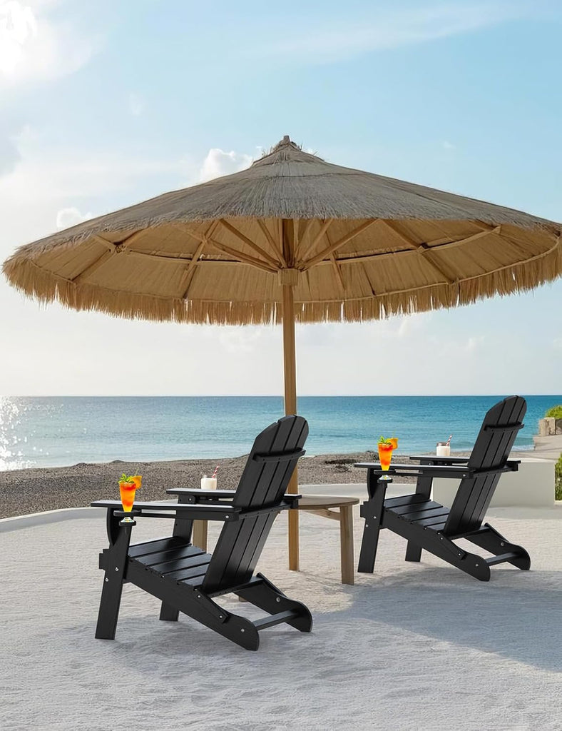 Folding Adirondack Chair, Wooden Textured Plastic Adirondack Chairs with 2 Cup Holder, Weather Resistant HDPE Fire