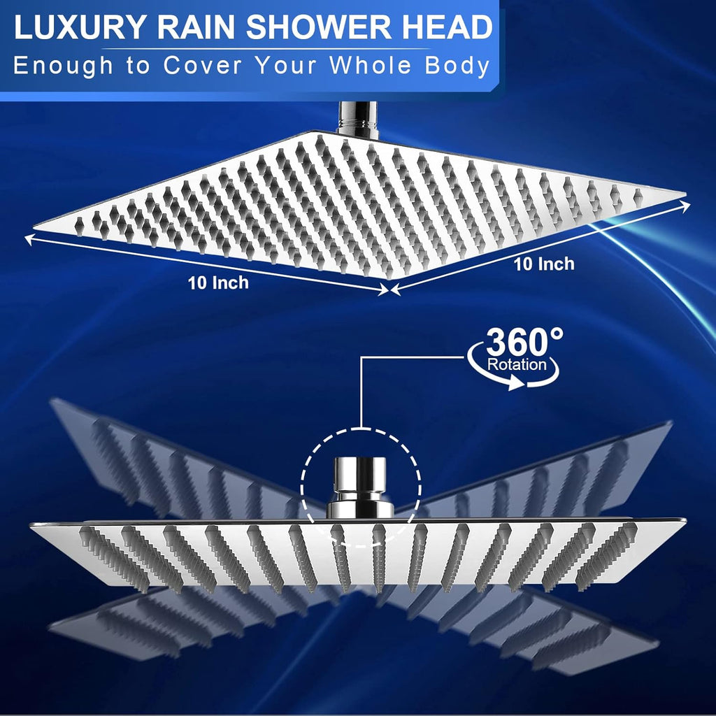 Rain Shower Head - 10 Inch High Pressure Shower Heads 304 Stainless Steel Ultra Thin Square Showerhead Pressure