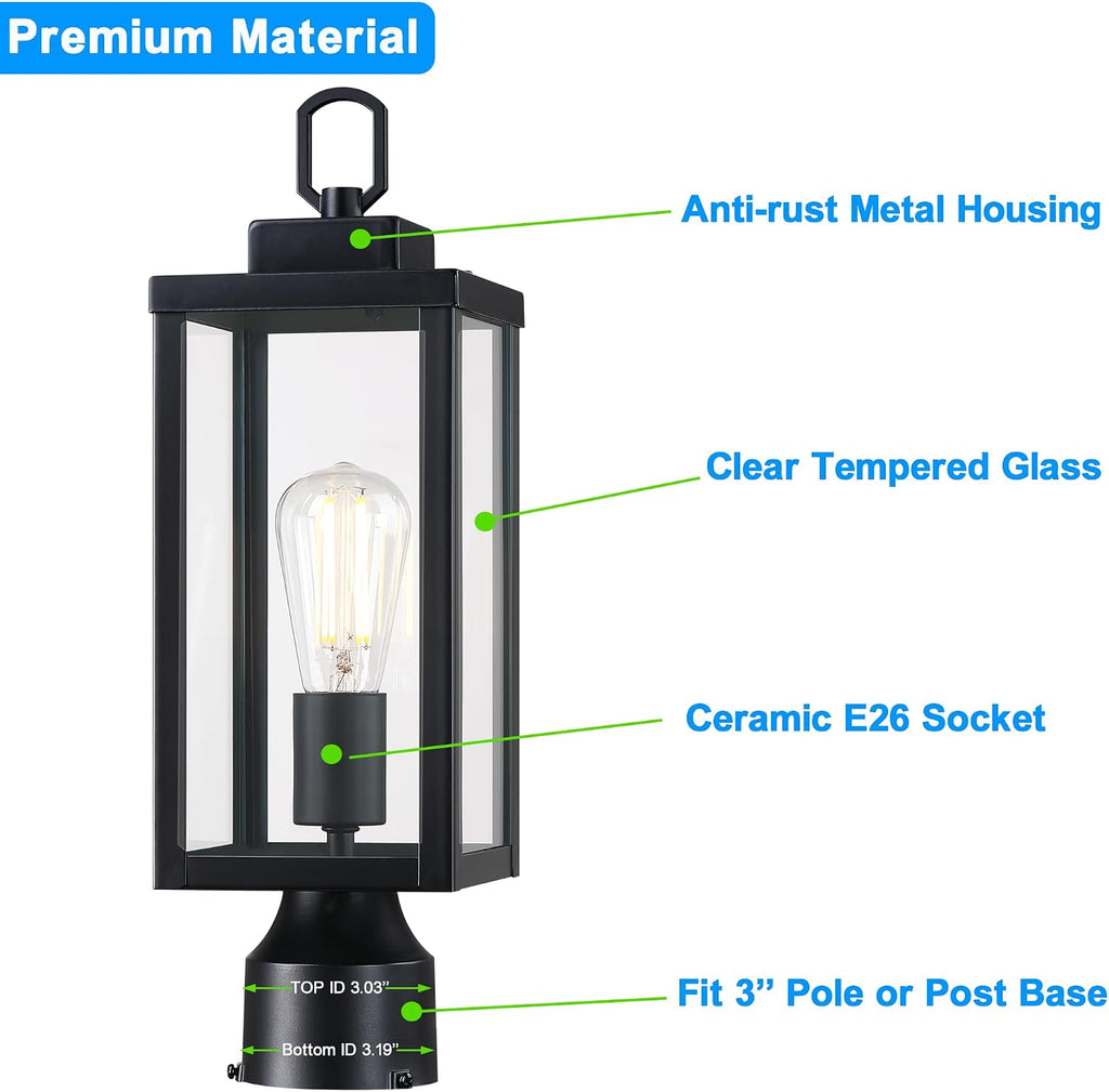 Outdoor Pole Lamp, Post Light Fixture, Anti-Rust Galvanized Housing with Tempered Glass