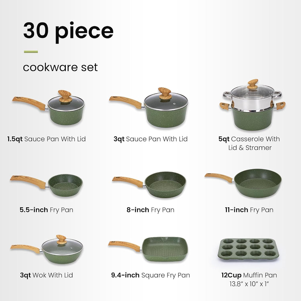Green Pots and Pans Set Non Stick, 30 Piece Induction Kitchen Cookware Sets for Cooking, Non Toxic Granite Pot and