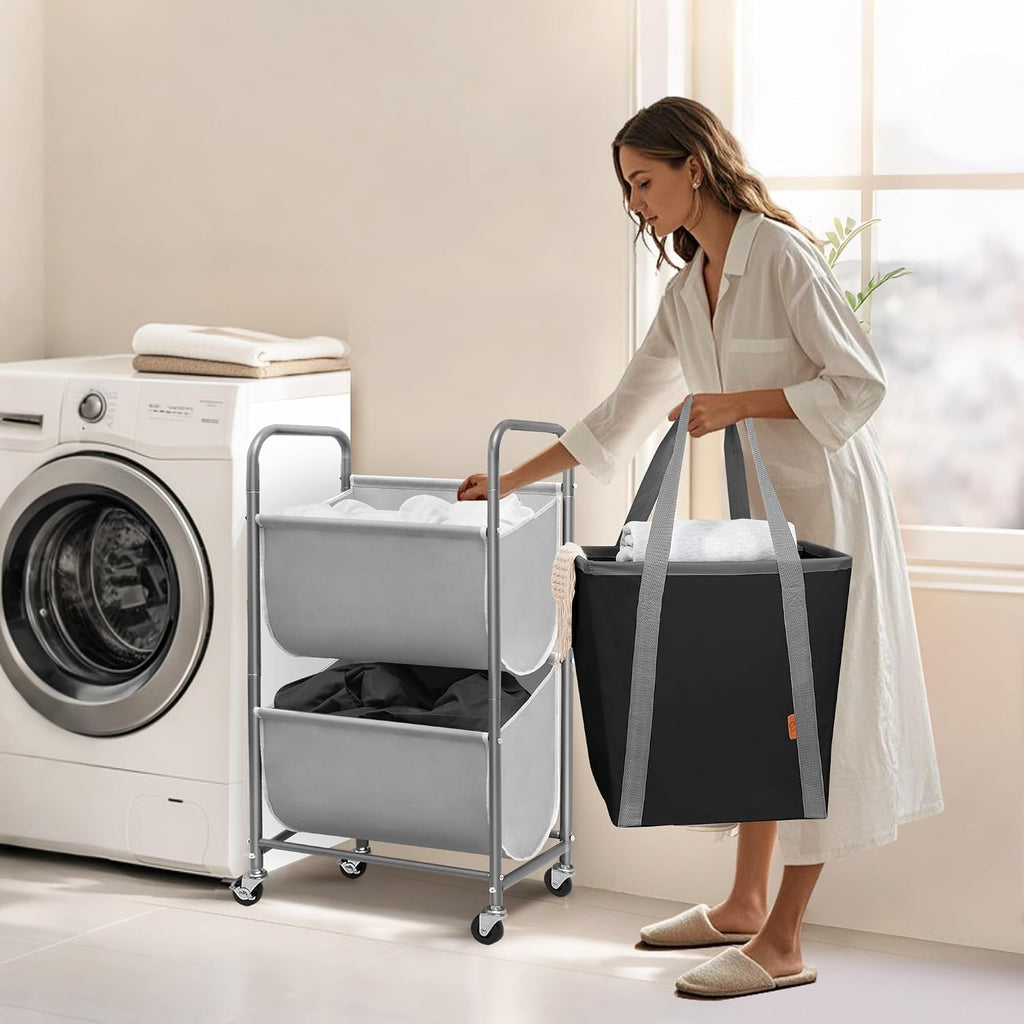 80 Liters Vertical Rolling Laundry Hamper, 2 Section Laundry Sorter with Wheels and 2 Breaks, 2-tier Laundry Baskets