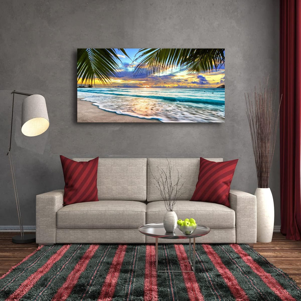 Beach Canvas Wall Art Seascape Theme Pictures Home Decor Blue Ocean White Wave Palm Tree Prints Paintings Bathroom