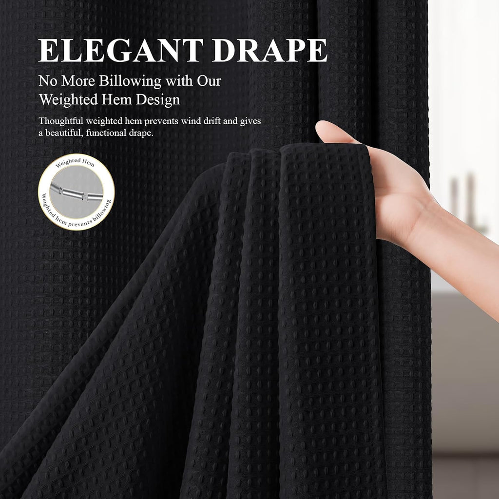 3 in 1 Waffle Shower Curtain Set with PEVA Liner 72Wx72H Black | 256GSM Heavy Duty Fabric, Waterproof Clear Liner