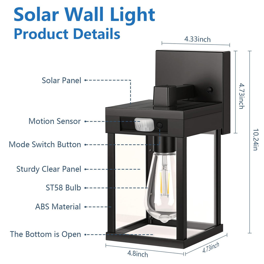 Solar Wall Lanterns Outdoor with 3 Lighting Modes & Motion Sensor, 2 Pack