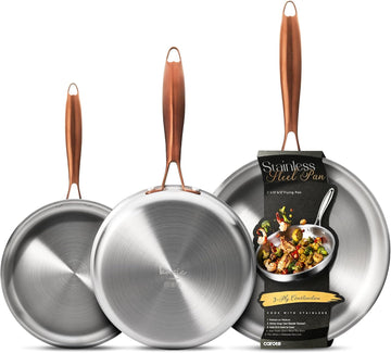 3-Piece Tri-Ply Stainless Steel Frying Pan Set, Skillet Set 8"/10"/12", Induction Compatible, Oven & Dishwasher Safe