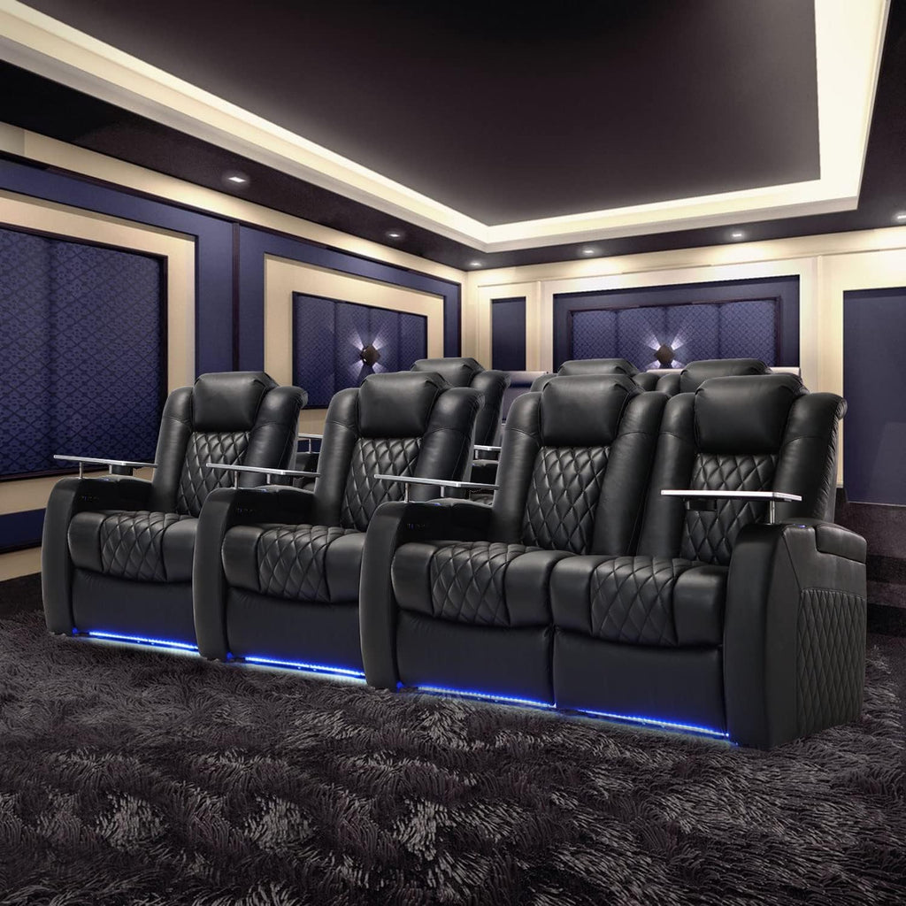 Home Theater Seating Top Grain Nappa Leather Recliner Chair Dual Power Movie Gaming Sofa Electric Headrest with Tray