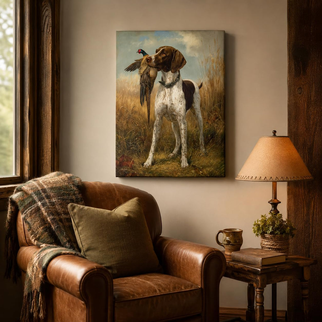 Classic German Shorthaired Pointer with Pheasant Canvas Wall Art - Vintage Hunting Scene Rustic Decor Office Man Cave