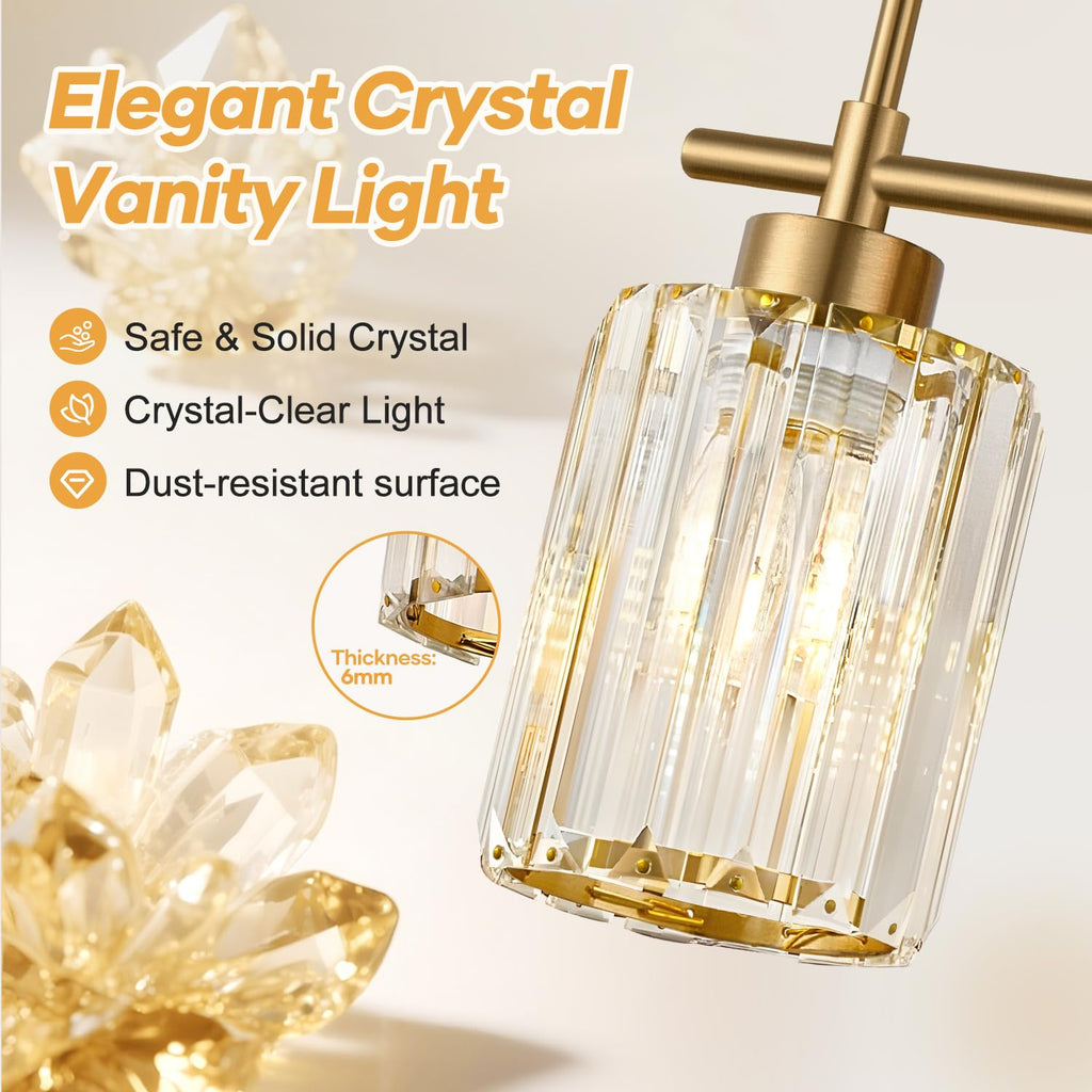 Modern Crystal Bathroom Vanity Light, 4-Light Gold Bathroom Light Fixtures Over Mirror, Crystal Vanity Light with