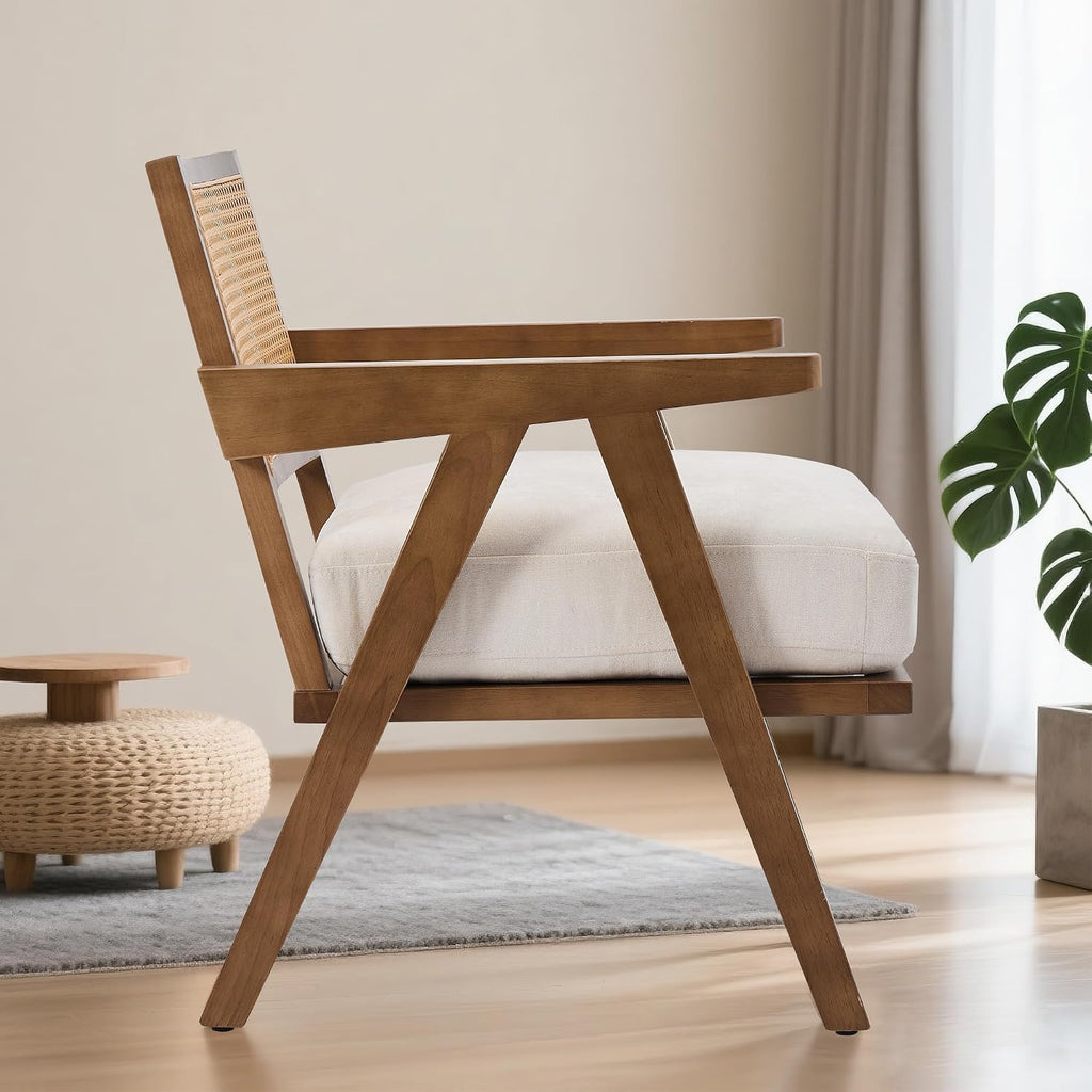 Mid Century Modern Accent Chair, Upholstered Reading Armchair with Wood Frame & Soft Linen Fabric, Accent Chair