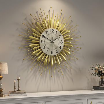 24 Inch Gold Wall Clock Mid Century Sunburst Metal Decorative Clock