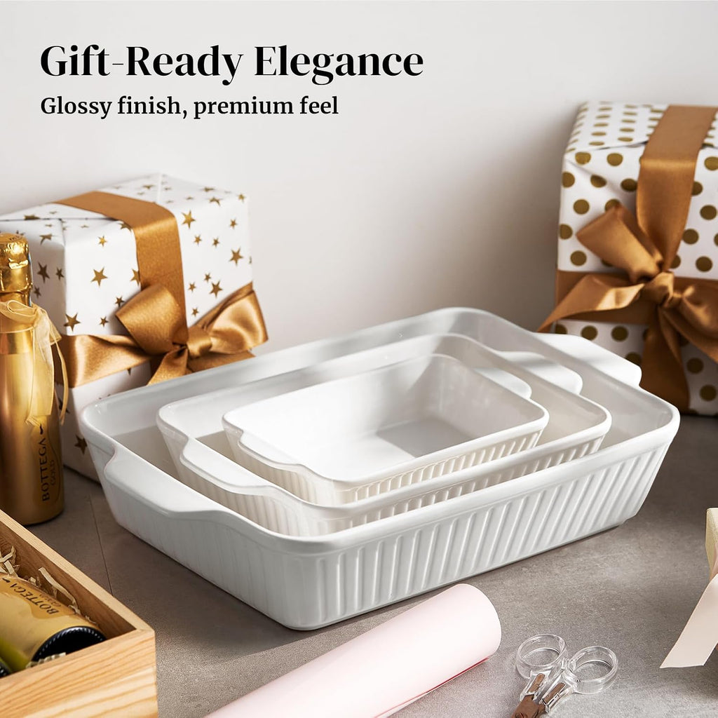 Casserole Dishes for Oven, Dishes Set, Ceramic Bakeware Sets of 3, Lasagna Pan Deep, Rectangular Pan Set with Handles