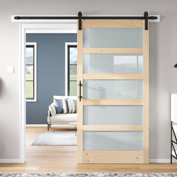 42x84 inch Glass Sliding Barn Door Slab with 7ft Hardware Kit Included, 5-Panel Frosted Glass, Spruc
