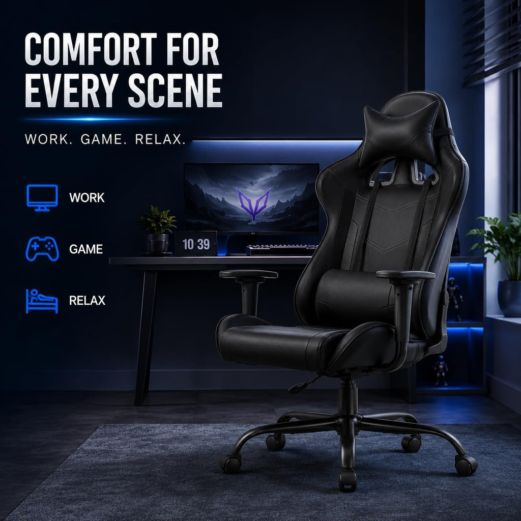 Massage Gaming Chair with Footrest, Office Desk Chair, Black