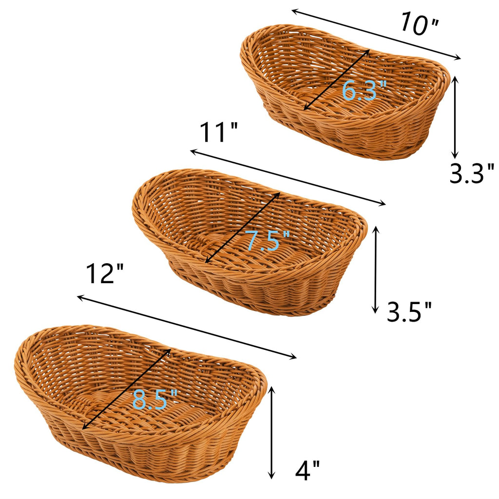 3 Pack Small Woven Breads Baskets, Oval Fruit Baskets Stackable Plastic Wicker Basket for Serving Vegetables