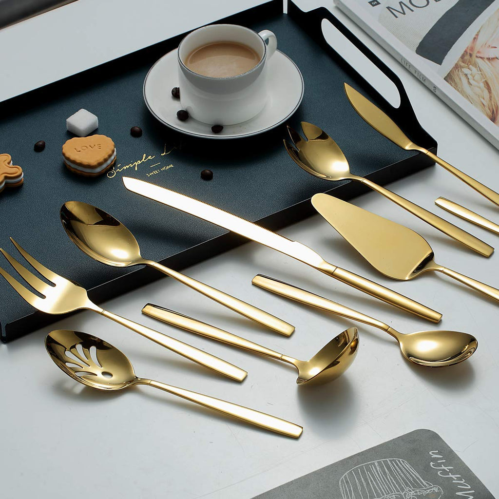 Gold Serving Utensils 10 Pieces, Titanium Golden Plating Serving Spoons, Included Cake Knife Cake Server Serving