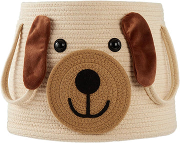 Large Dog Woven Basket with Handles - Toy Storage Bin, Baby Gift & Animal Nursery & Cute Laundry Basket, for Clothes
