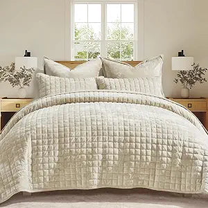 Channel Box Stitch Velvet Quilt Set, Full Queen, Beige