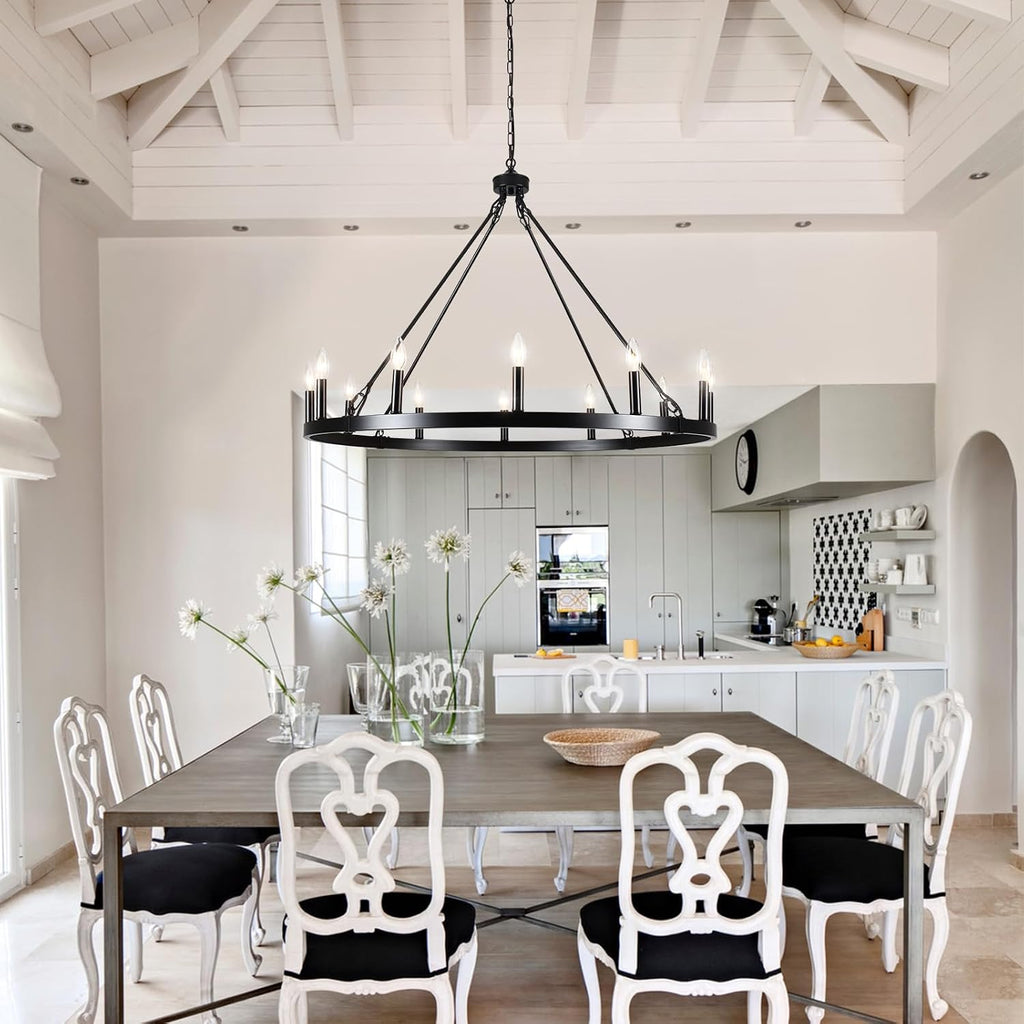 12-Light Black Wagon Wheel Chandelier for Dining Room Farmhouse Pendant Light Fixtures Outdoor for Rustic High