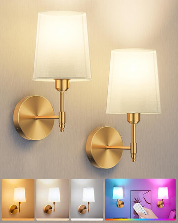 Battery Operated Wall Sconces Set of 2, Wireless Rechargeable Dimmable Wall Light with RGB Bulb and Remote for Bedroom, Living Room, Hallway (Gold)