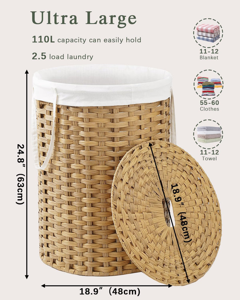 Laundry Basket with Lid Round 29.1 Gal PE Rattan, Natural | Family Clothes & Blanket Trunk with Lid, Removable Liner