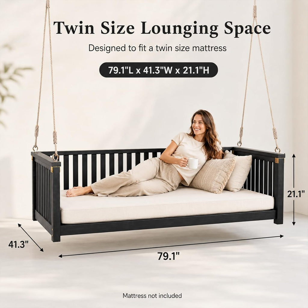 Outdoor Porch Swing Bed, Twin Size Acacia Wood Hanging Daybed with Hemp Ropes, Minimalist Patio Swing Bed for Garden