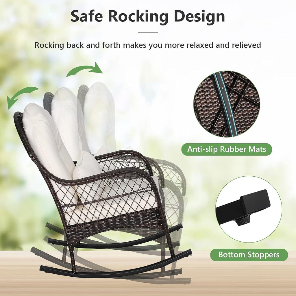 Outdoor Wicker Rocking Chair, Patio Rattan Rocker w/Lumbar Pillow, Padded Seat & Back Cushions, Metal Frame, Mix