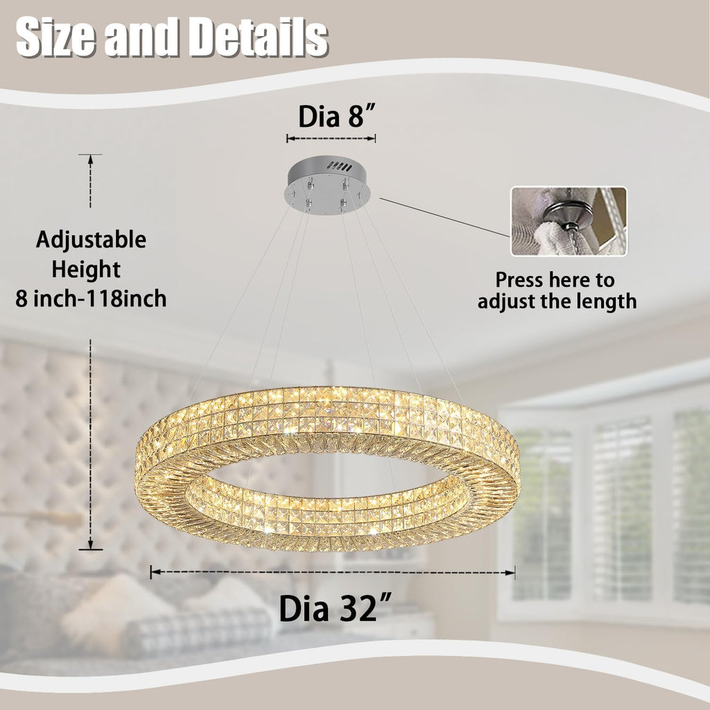 Dia 32" Ring Crystal Chandelier Modern Silver Ring Chandelier Adjustable Height Luxury Crystal Pendant Ceiling Light Fixture for Dining Living Room Bedroom