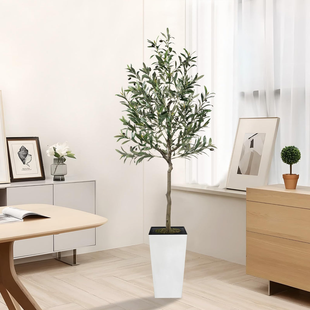 Artificial Olive Tree, 6ft Tall Fake Olive Trees with White Square Planter and Fake Moss for Indoor, Faux Olive Silk