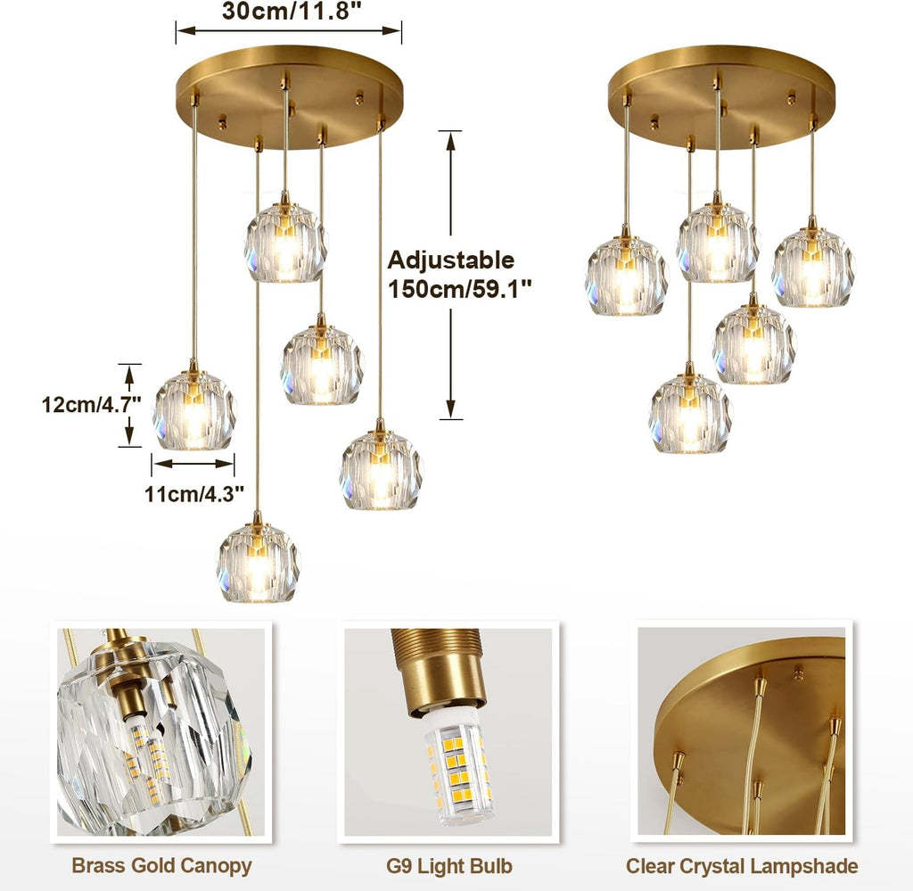 Mid Century 5-Lights Cluster Pendant Lighting Modern Gold Crystal Kitchen Island Pendant Light Multi Light Brass LED Pendant Light Fixture Clear Bubble Round Dining Chandelier
