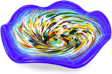 Hand Blown Murano-style Art Glass Bowl, 10.2-Inch Large Decorative Centerpiece for Table, Cobalt Blue Fruit Display &