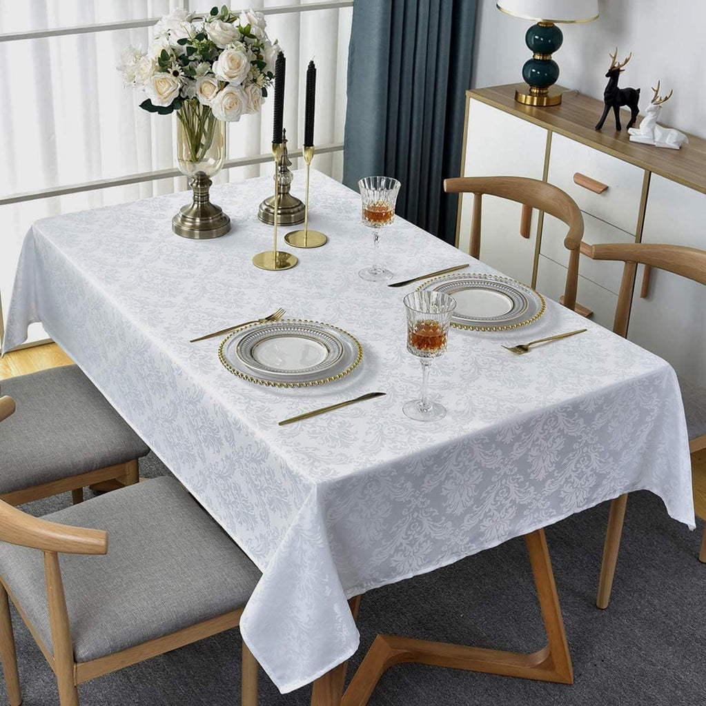 Rectangle Table Cloth - 60 x 102 Inch White Jacquard Tablecloths Damask Design Spillproof Wrinkle Re