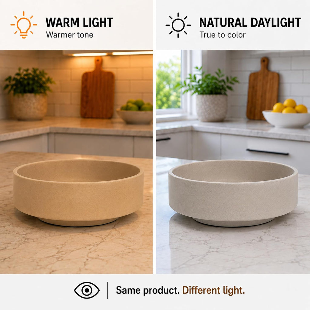 Large Fruit Bowl Counter, Modern Resin Pedestal Centerpiece, Stone-Look Matte Finish in Natural Sandstone, Decorative