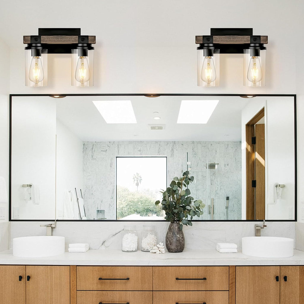 Farmhouse Bathroom Light Fixture Wood Black Vanity Lighting 2-Light | Wooden Wall Sconce Industrial Rustic Wall Light