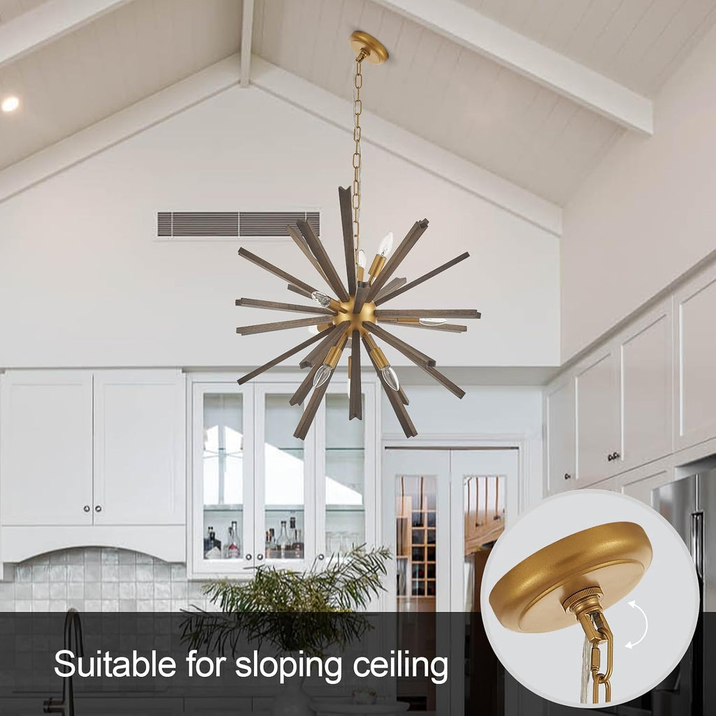 9-Light Wood Sputnik Chandelier for Entryway, Gold Dining Room Light Fixture, Farmhouse Pendant Light Fixture for Bedroom Kitchen Foyer Living Room