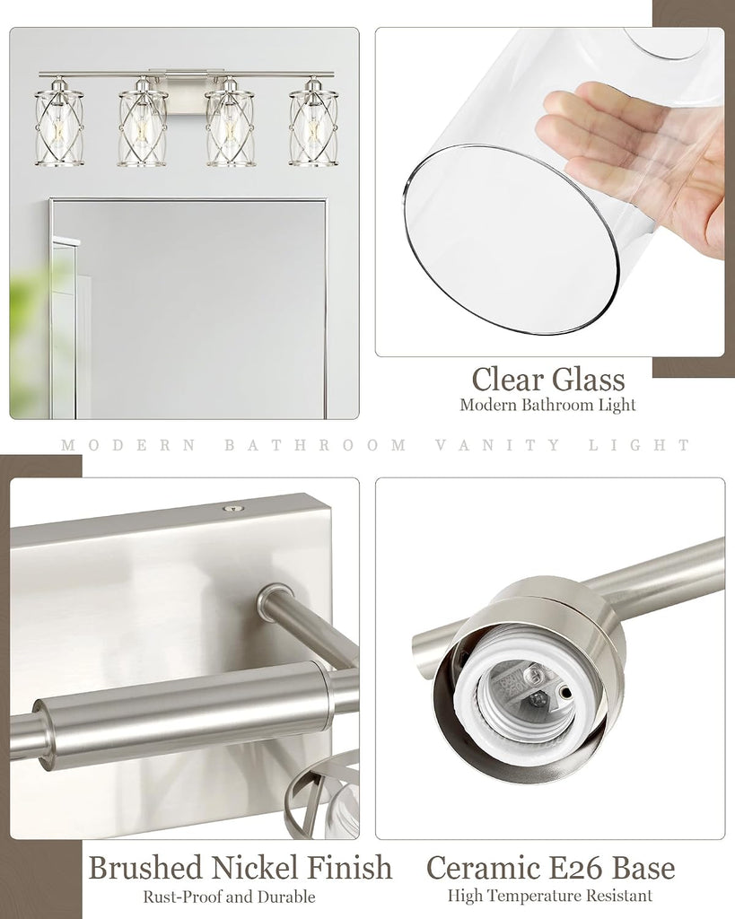 4-Light Brushed Nickel Bathroom Light Fixtures, 29 Inch Modern Bathroom Vanity Lighting Fixtures Over Mirror with