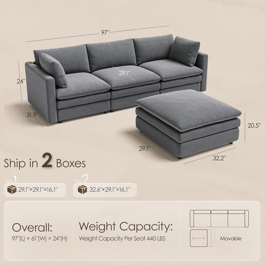 97" Cloud Couches , 29.1" Deep Seat Modular Sectional Sofa, L Shaped Cloud Sofa with One Movable Ottoman