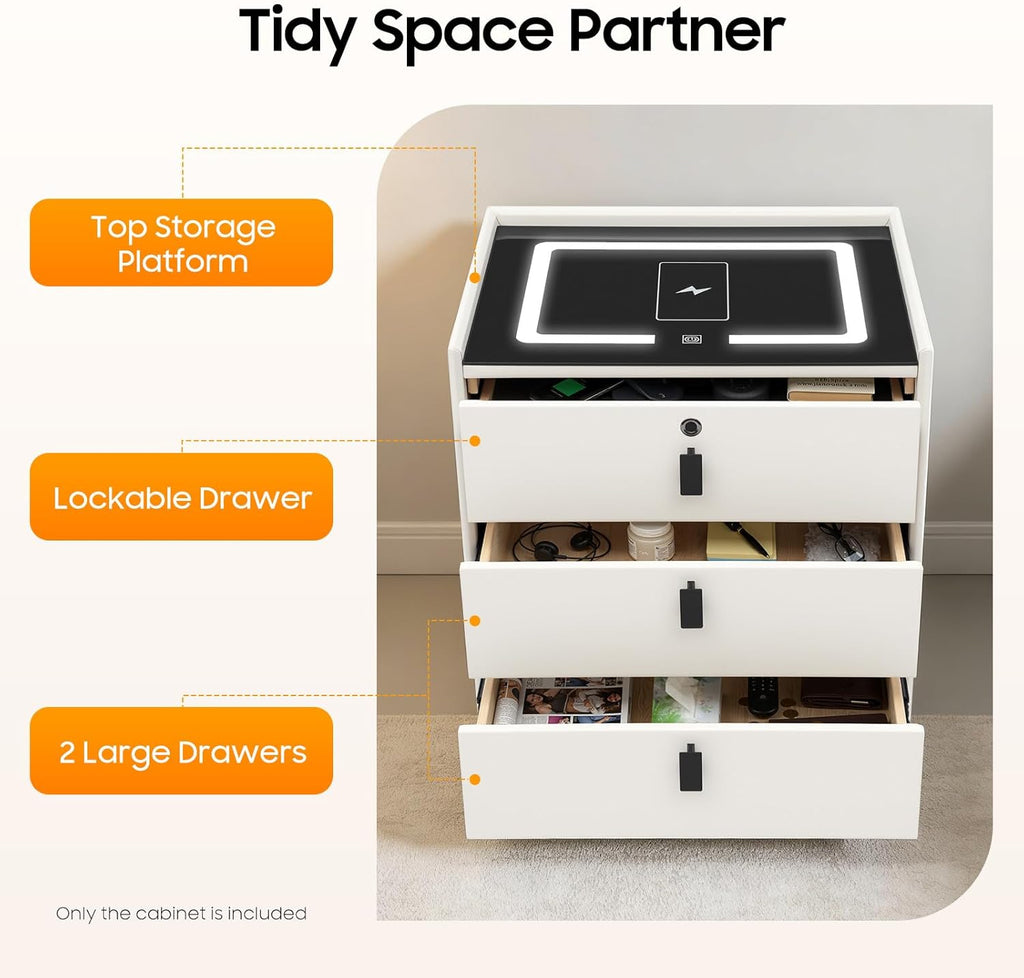 Smart Nightstand with Bluetooth Speaker USB Charging, 3 Drawer | Bedroom Daily Storage Scene, 4.72in Raised Legs