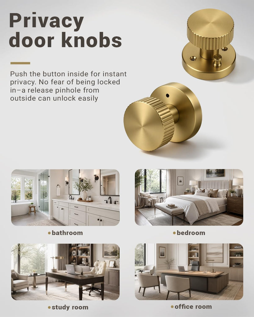 4 Pack Satin Brass Door Knobs Interior, Privacy Brass Door Handle with Lock Bathroom Keyless, Reversible Levers with